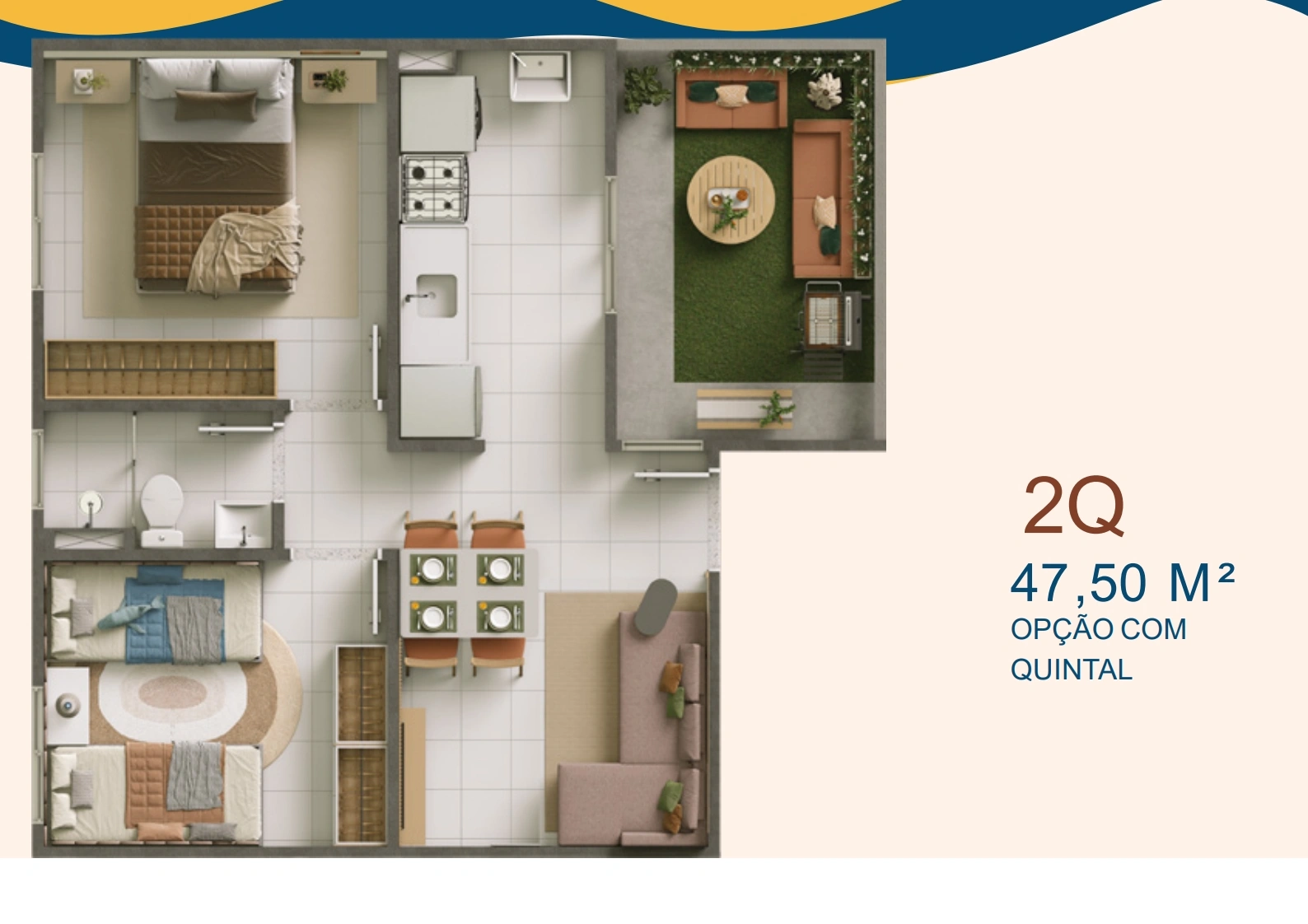 Planta 2 quartos com quintal 47,50 m² Porto Belvedere