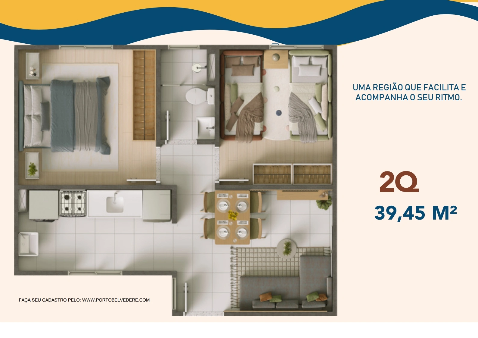 Planta inteligente de 2 quartos 39,45 m² Porto Belvedere em Goiânia, no Jardim Itaipu