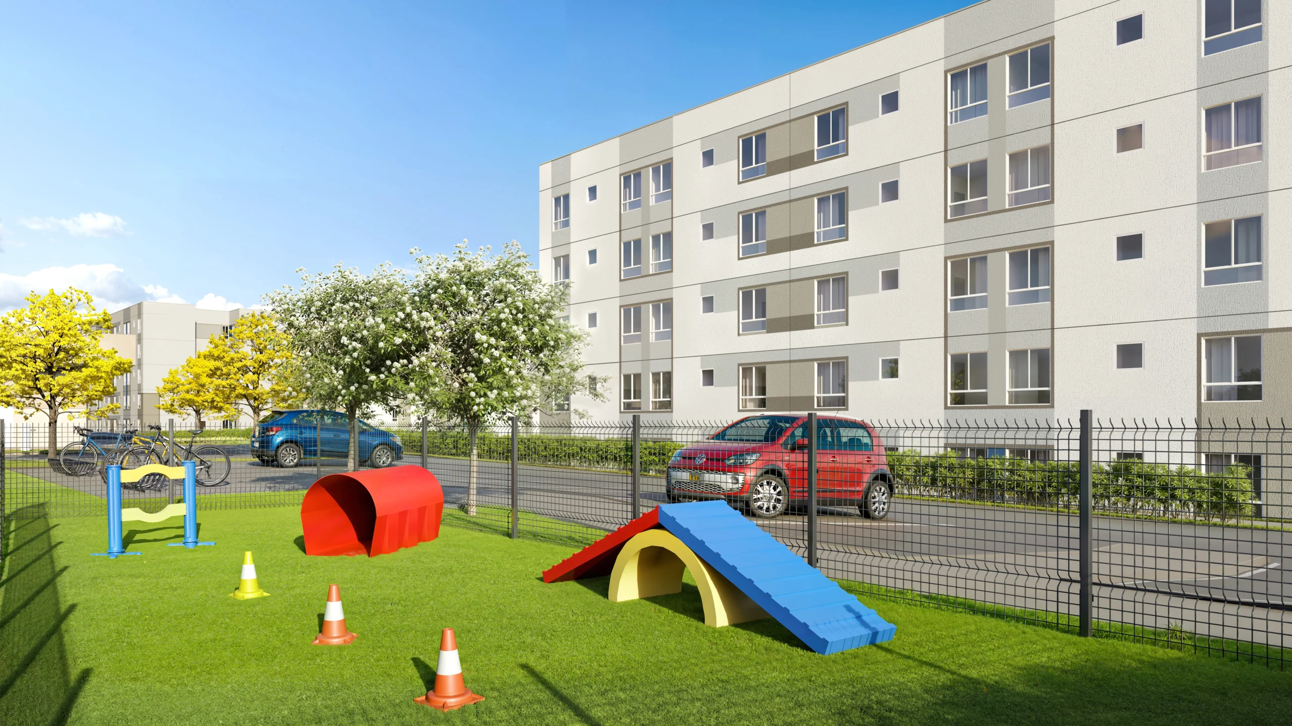 Espaço pet com obstáculos e brinquedos para cães no Porto Belvedere