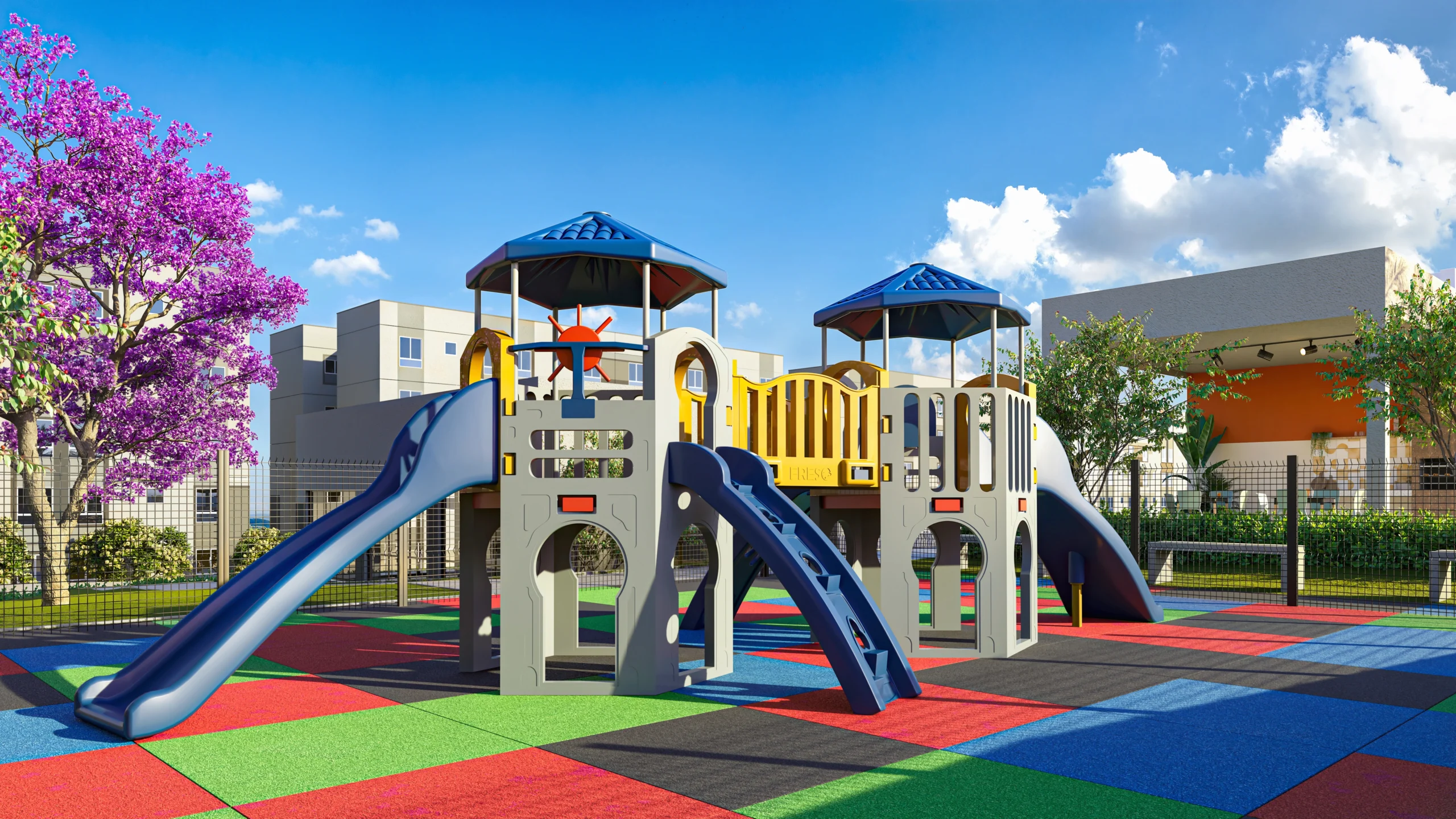Playground infantil com piso emborrachado seguro